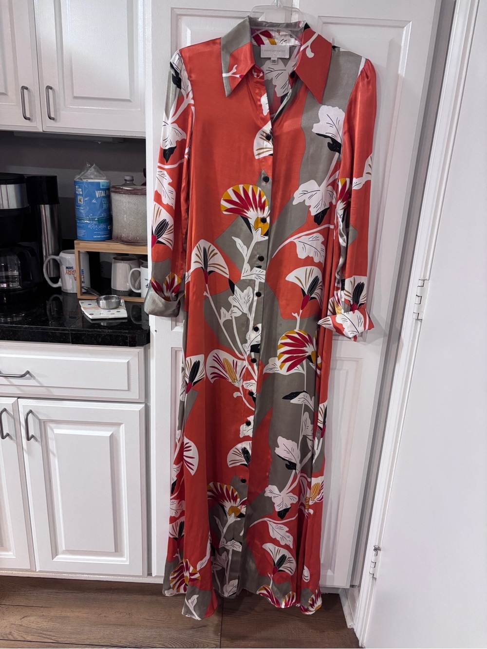 Corey Lynn Calter Red & Olive Floral Maxi Shirt Dress